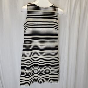 Donna Ricco Sheath Dress Striped Black and Tan w/ Pink Back Zip, M